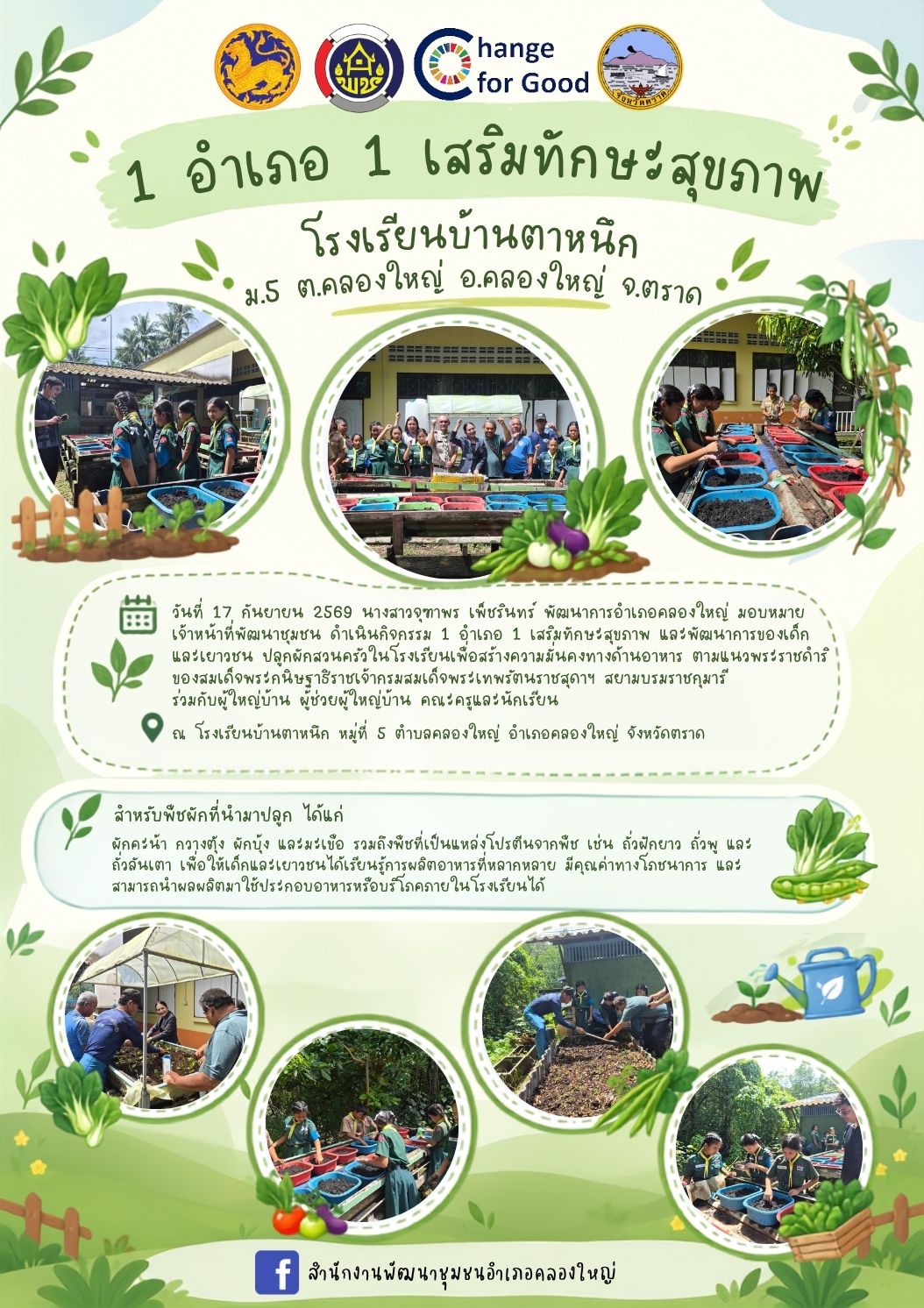 🚢🌊สพอ.คลองใหญ่ ดำเนินกิจกรรม 1 อำเภอ 1 เสริมทักษะสุขภาพ และพัฒนาการของเด็กและเยาวชน ส่งเสริมการปลูกผักสวนครัวในโรงเรียน สร้างความมั่นคงทางอาหาร